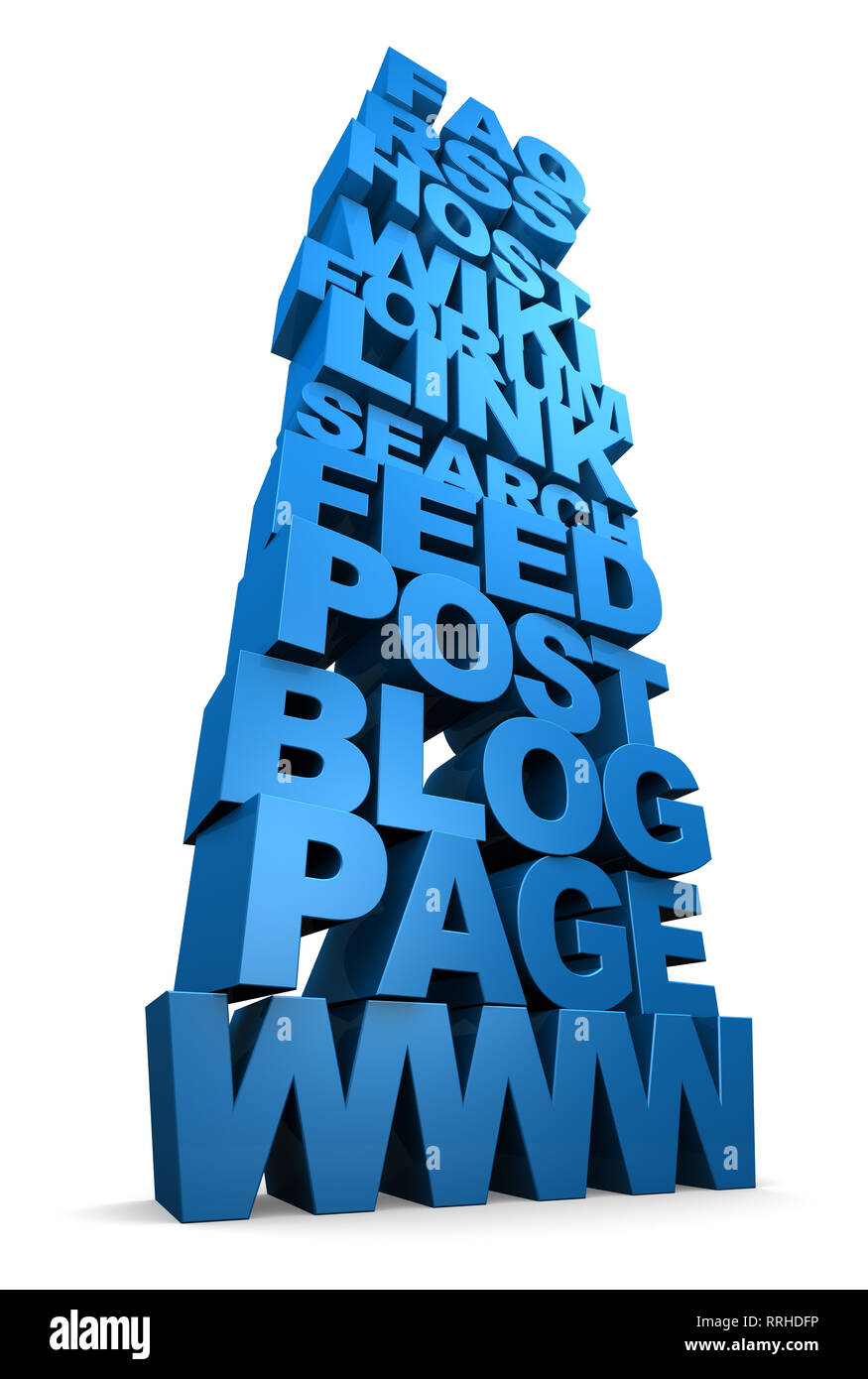 Internet Web Worte gestapelt bis - 3D-Abbildung auf weißem Hintergrund. Stockfoto