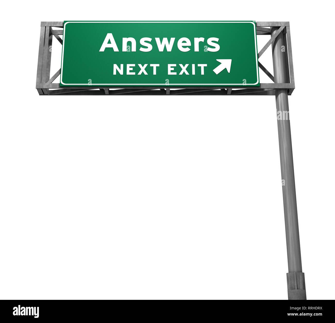 Antworten - Nächste Ausfahrt Autobahn unterzeichnen. 3D-Abbildung auf weißem Hintergrund. Stockfoto