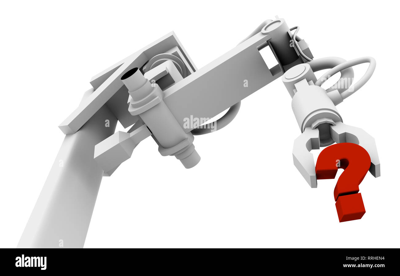 Hohe Auflösung Raytracing 3D-Render von roten Fragezeichen im Griff der Teufelskralle ein Roboter. Stockfoto