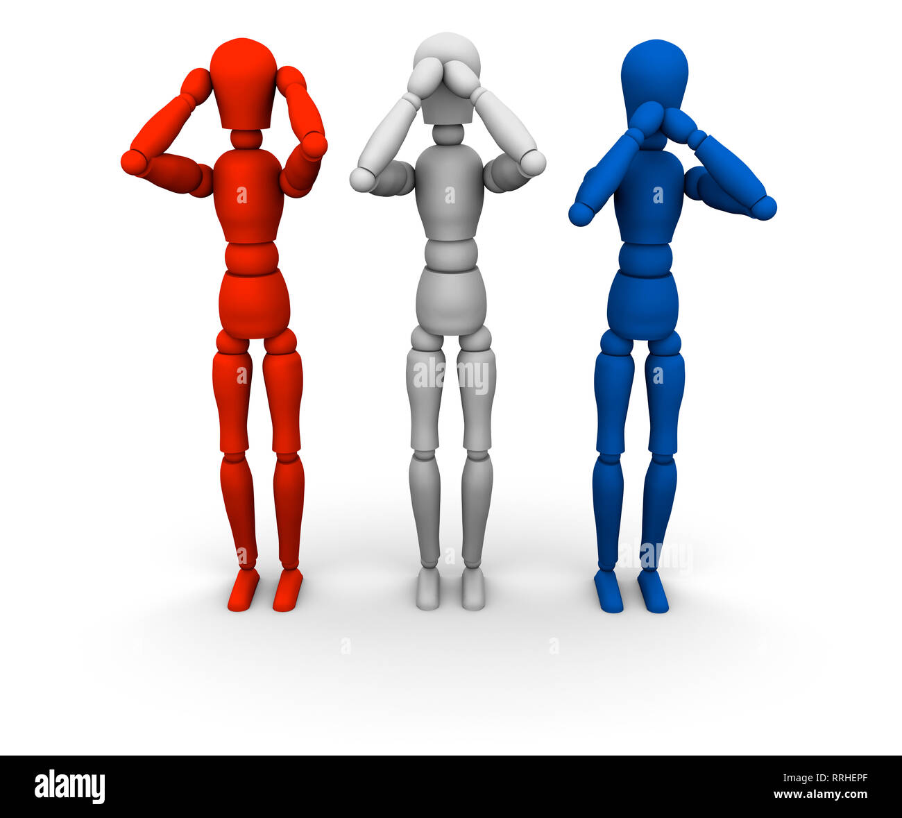 Drei hochauflösende 3D-Puppen in Rot, Weiß und Blau die berühmte 'hören kein Böses zu tun, sehen und nichts sagen" darstellt. Auf weissem backgr Isoliert Stockfoto