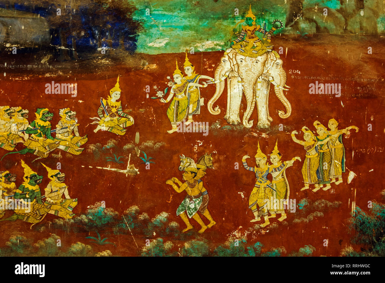 Fresko des Reamker, der Khmer Version des Ramayana Epos, Royal Palace Kreuzgänge, Royal Palace, Phnom Penh, Kambodscha, Indochina Stockfoto