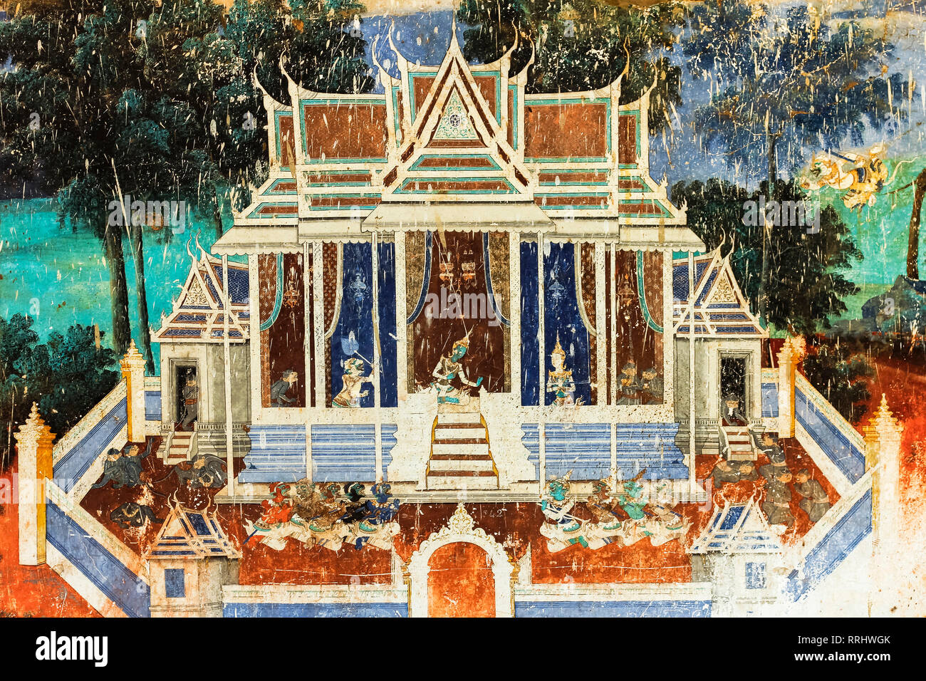 Fresko des Reamker, der Khmer Version des Ramayana Epos, Royal Palace Kreuzgänge, Royal Palace, Phnom Penh, Kambodscha, Indochina Stockfoto