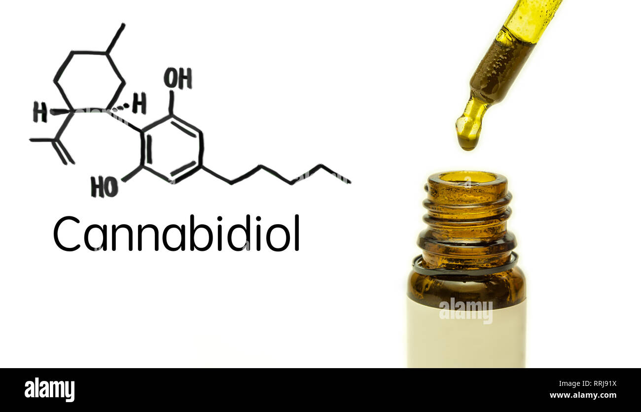 Cannabidiol CBD Öl mit Molekül Kette auf weißem Hintergrund Stockfoto