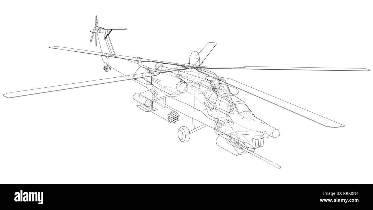 Hubschrauber. Erstellt Abbildung der 3d. Wire-frame Stil. Die Schichten des sichtbaren und unsichtbaren Linien getrennt sind. Stock Vektor