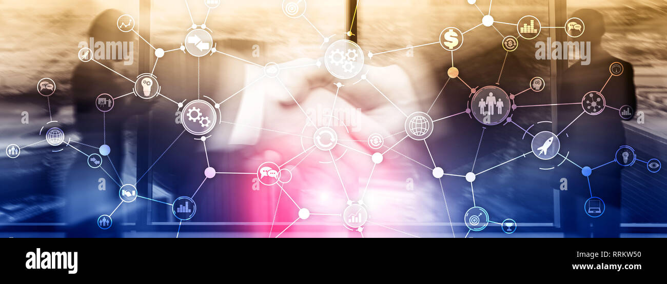 Business Process Workflow Diagramm Struktur Industrielle Automation innovation Konzept auf virtuellen Bildschirm mixed Media. Stockfoto