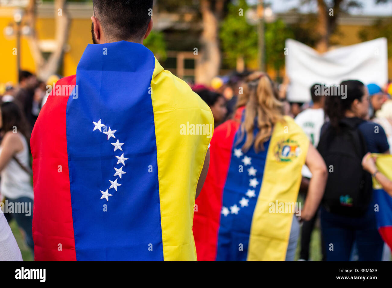 Lima, Peru - 2. Februar 2019: die Menschen in Venezuela Flagge gewickelt auf Protest gegen Nicolas Maduro Stockfoto
