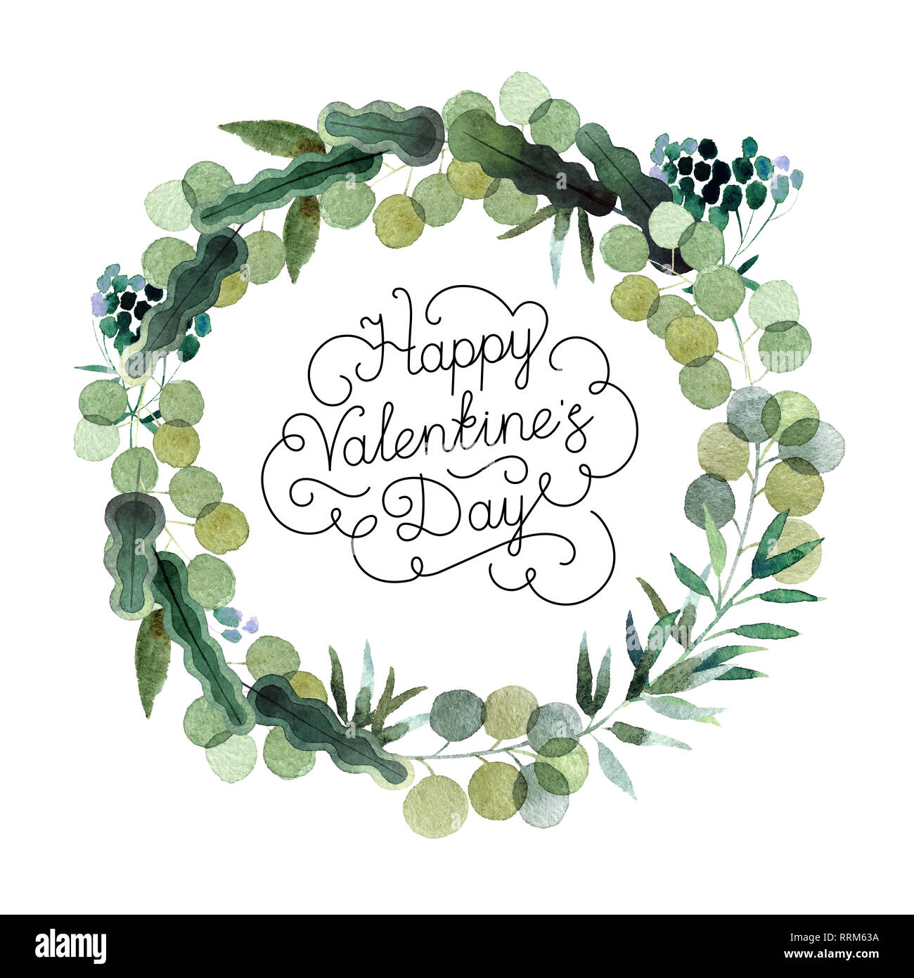 Schönen aquarell Kranz mit Happy Valentine's Day Beschriftung auf weißem Hintergrund. Runde blumen Kranz für Design, Postkarten, Banner, e Stockfoto
