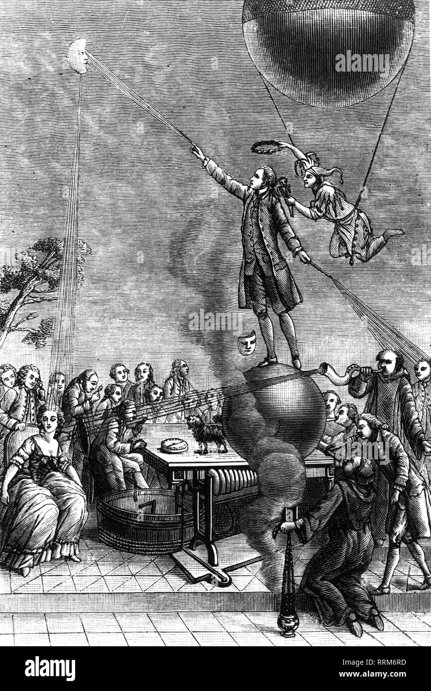 Mesmer, Franz Anton, 23.5.1733 - 5.3.1815, Deutscher Arzt (Doktor), mesmerist, volle Länge, satirische Frontispiz, London, 1784, Additional-Rights - Clearance-Info - Not-Available Stockfoto