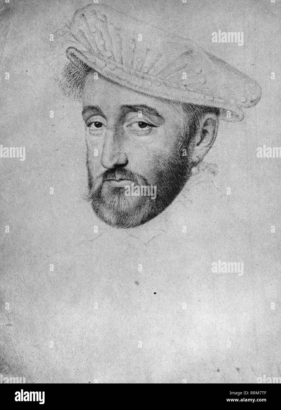 Heinrich II., 31.3.1519 - 10.7.1559, König von Frankreich, 1547-1559, Portrait, Zeichnung, von Francois Clouet, 16. Jahrhundert, Additional-Rights - Clearance-Info - Not-Available Stockfoto