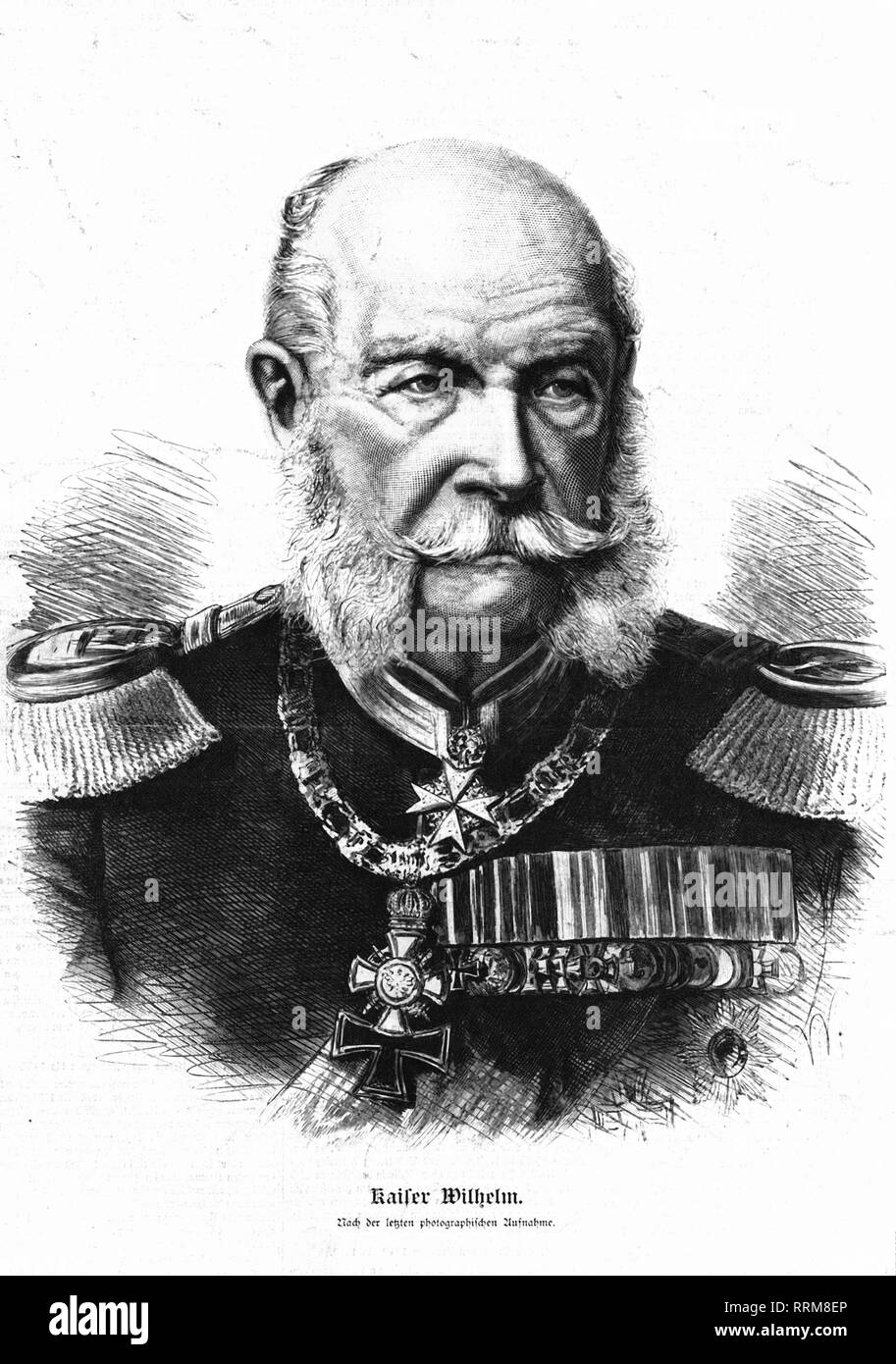 William I, 22.3.1797 - 9.3.1888, Deutscher Kaiser 1871 - 1888, König von Preußen 1861 - 1888, Porträt, Holzstich nach Foto, anlässlich seines Todes veröffentlicht in 'Illustrirte Zeitung" am 17.3.1888, Additional-Rights - Clearance-Info - Not-Available Stockfoto