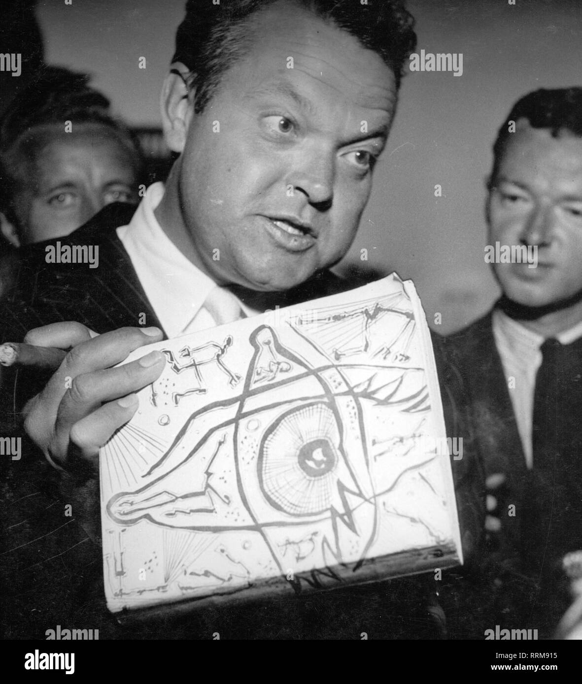 Welles, Orson, 6.5.1915 - 10.10.1985, amerikanischer Schauspieler und Regisseur, halbe Länge, in Gespräch, 1955, Additional-Rights - Clearance-Info - Not-Available Stockfoto