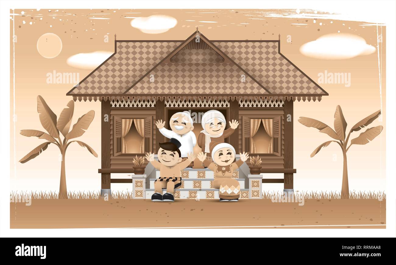 Eine glückliche muslimische Familie und ihre Heimatstadt im ländlichen Bereich. Artwork präsentiert mit Nostalgie Effekt. Vektor. Stock Vektor