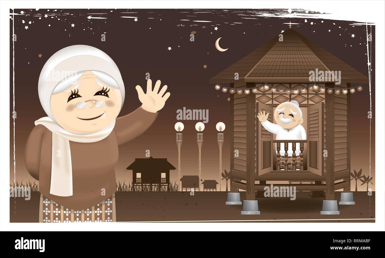 Eine glückliche muslimische Familie und ihre Heimatstadt im ländlichen Bereich. Artwork präsentiert mit Nostalgie Effekt. Vektor. Stock Vektor