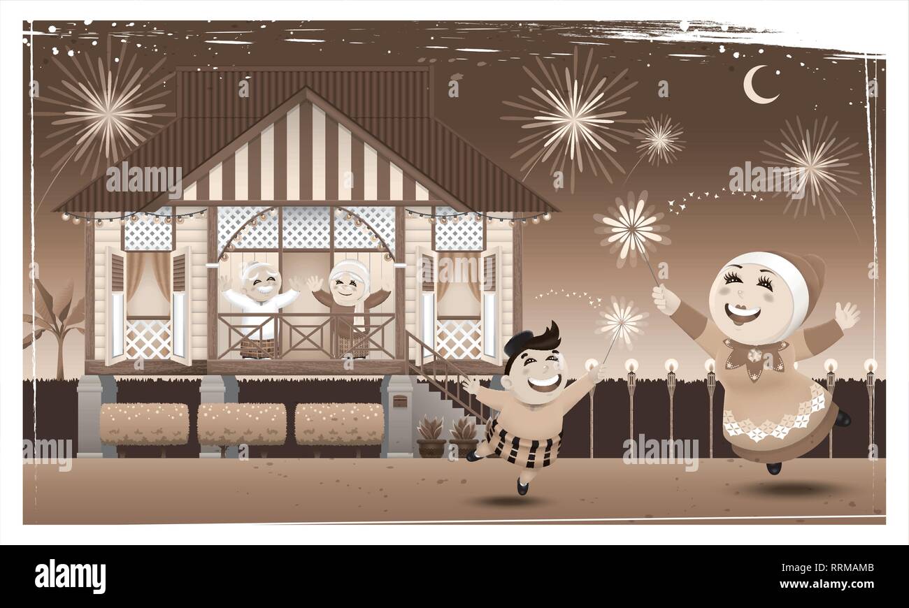 Eine glückliche muslimische Familie und ihre Heimatstadt im ländlichen Bereich. Artwork präsentiert mit Nostalgie Effekt. Vektor. Stock Vektor