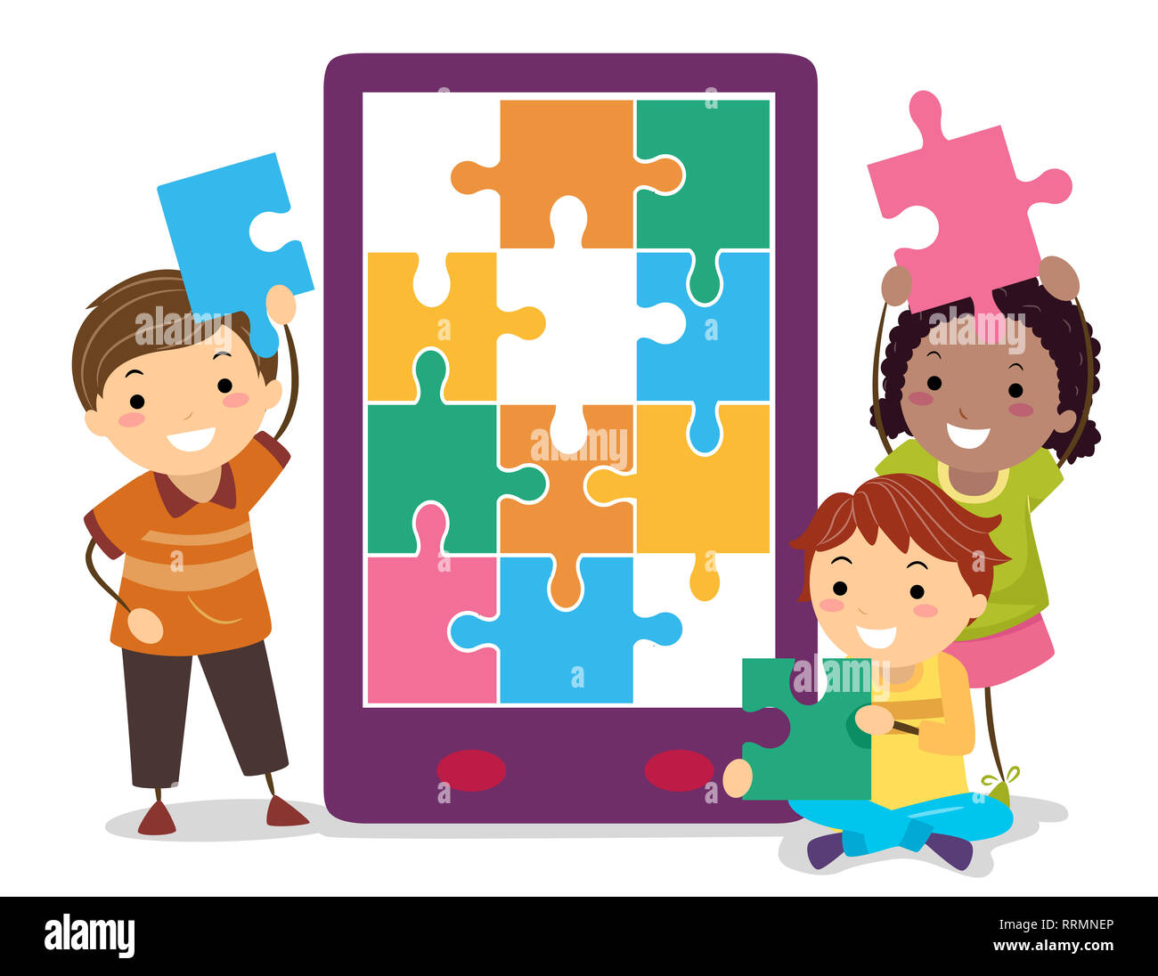 Abbildung: Stickman Kinder Abschluss ein Puzzle App auf Handy Stockfoto
