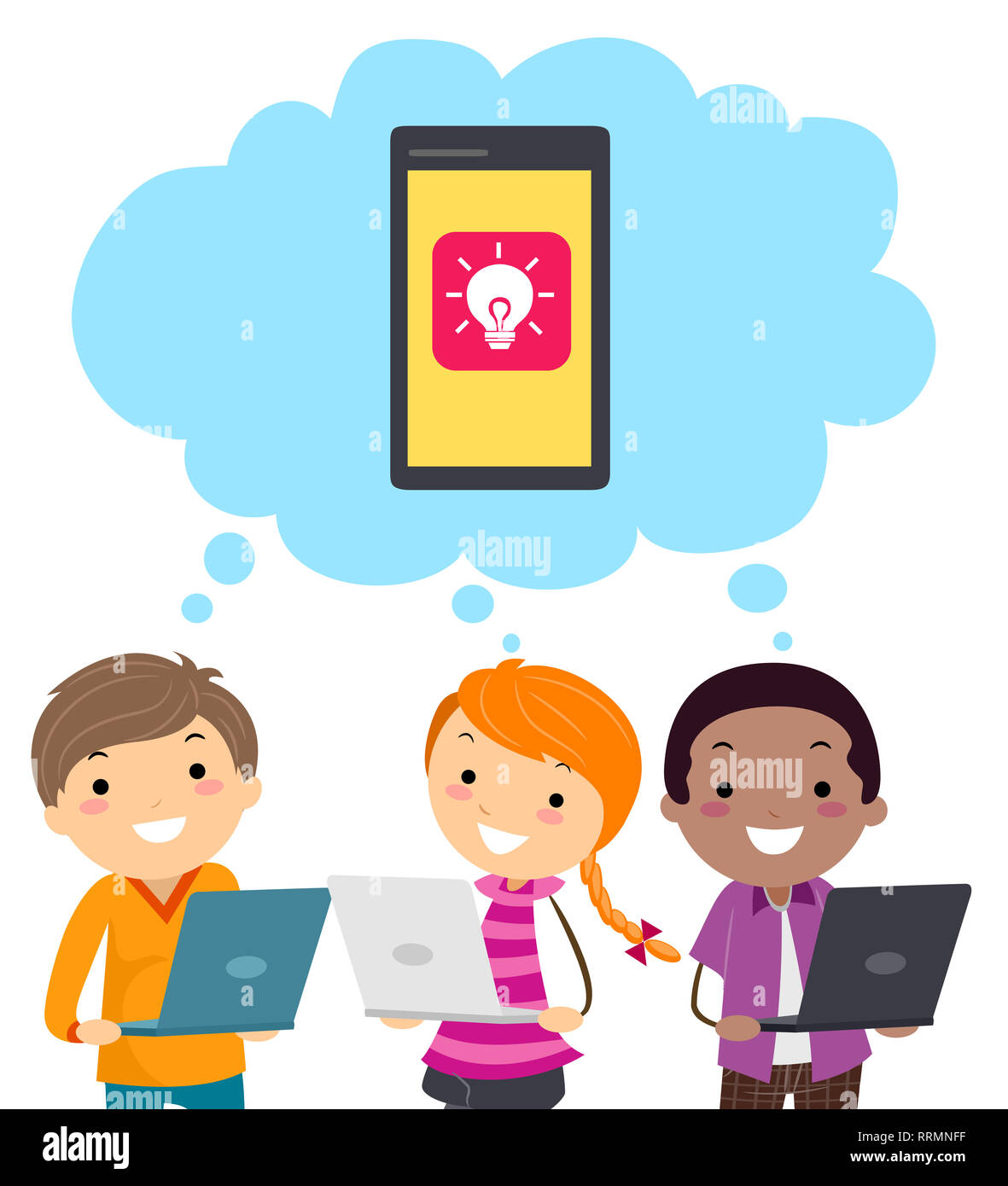Abbildung Stickman Kinder Holding Laptop Mit Denken Cloud Mit Handy Und Gluhbirne Stockfotografie Alamy