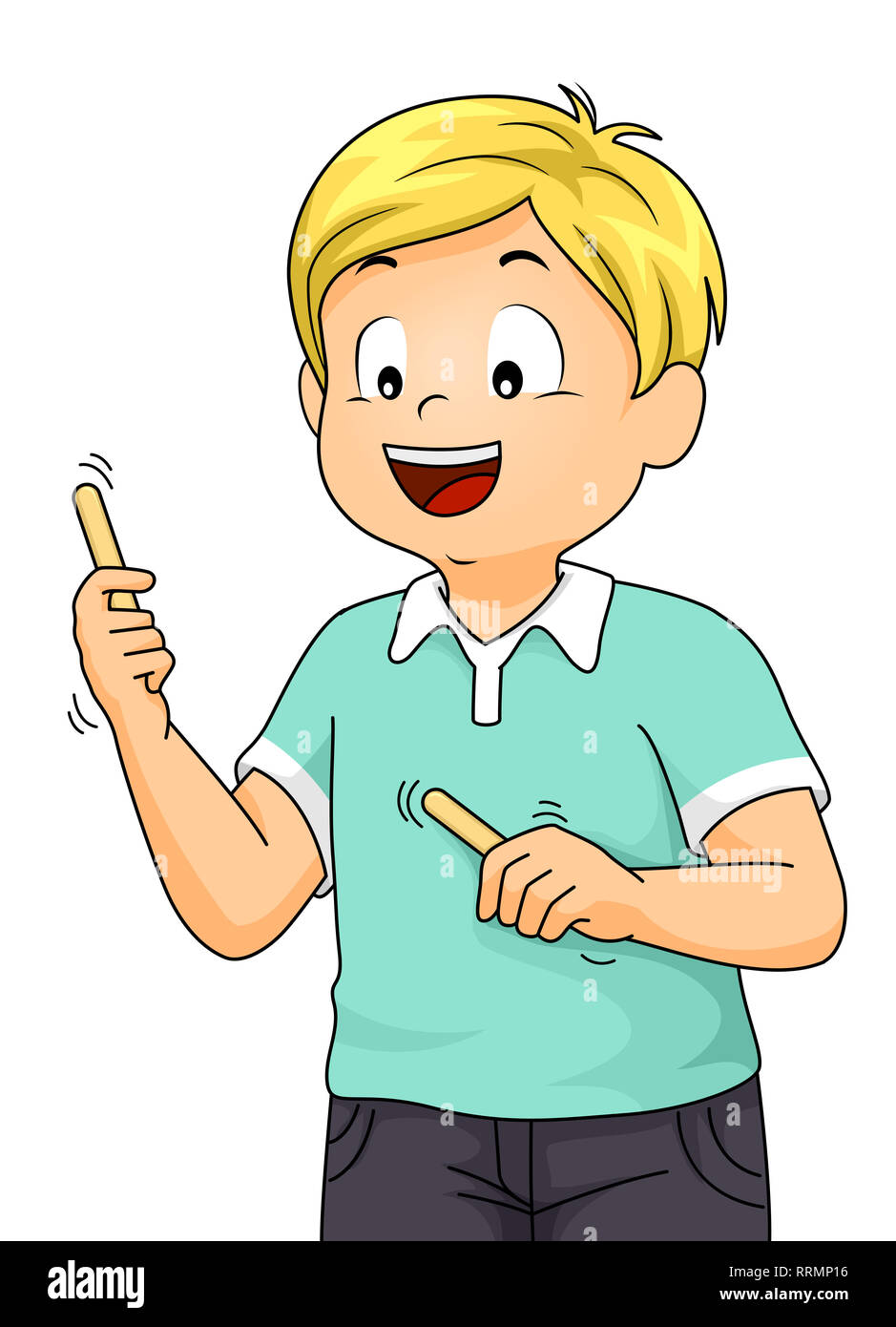 Abbildung: ein Kind Junge Holding Popsicle Sticks für ein Spiel in einem Team Building Workshop Stockfoto