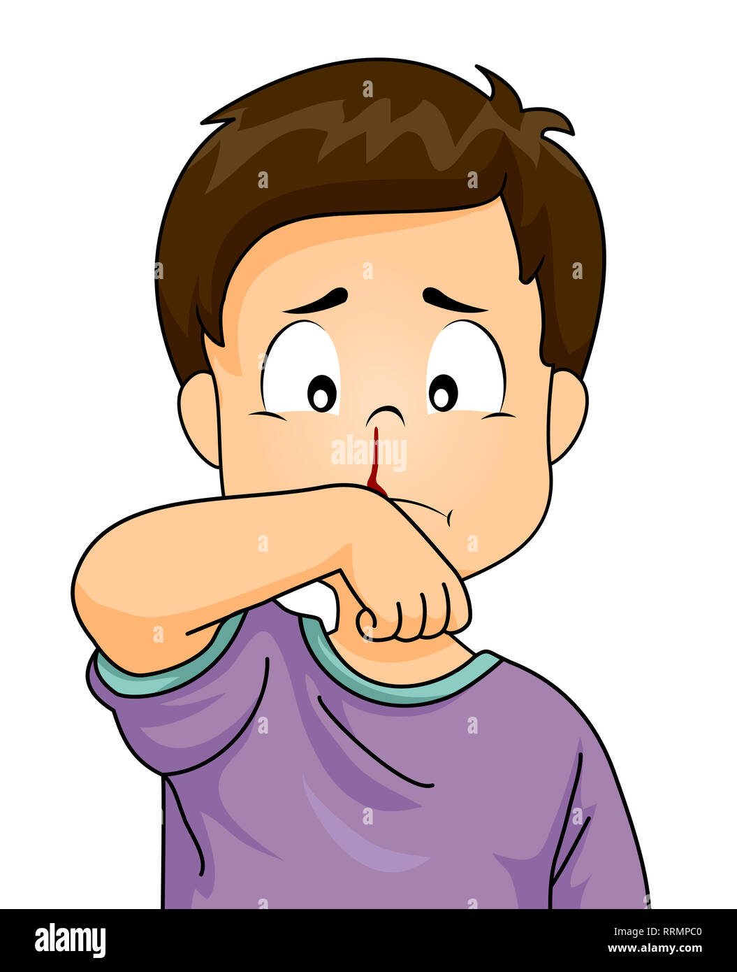Abbildung: ein Kind Junge mit Nasenbluten Reinigung sein Gesicht mit seinem Handgelenk Stockfoto