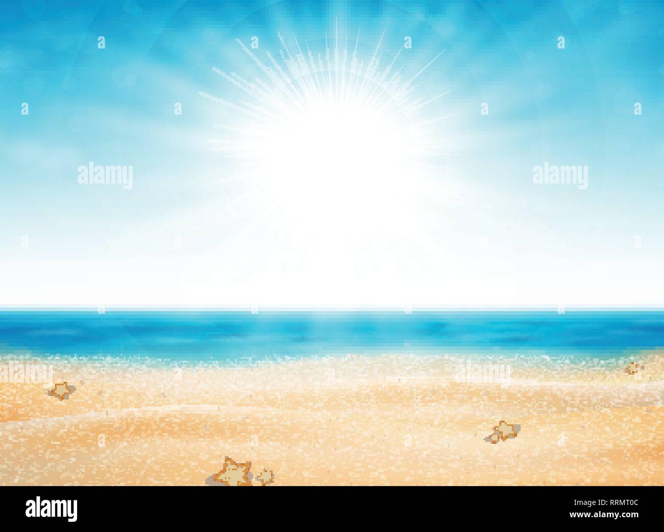 Sommer Strand Blick auf Sun burst mit blauem Himmel Hintergrund. Verzierung für in der Natur unterwegs. Sie können für die Anzeige, Plakat, Print, Artwork verwenden. illustra Stock Vektor