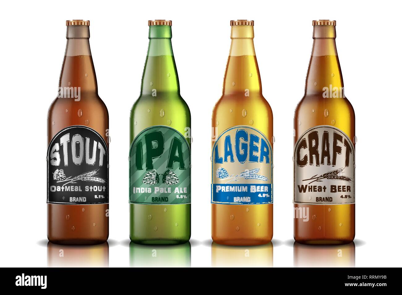 Handwerk Bier Label Design. Bier im Glas Flasche enthaltenen, mit Hopfen und goldenen Reif Weizen ad. Vector 3d-Darstellung Stock Vektor