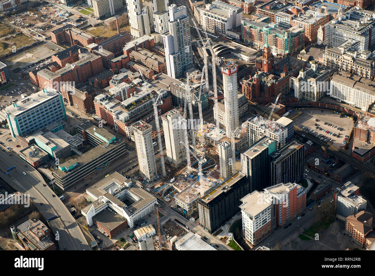 Eine Luftaufnahme von Student Village Bau, Manchester City Centre, Frühling 2018, North West England, Großbritannien Stockfoto