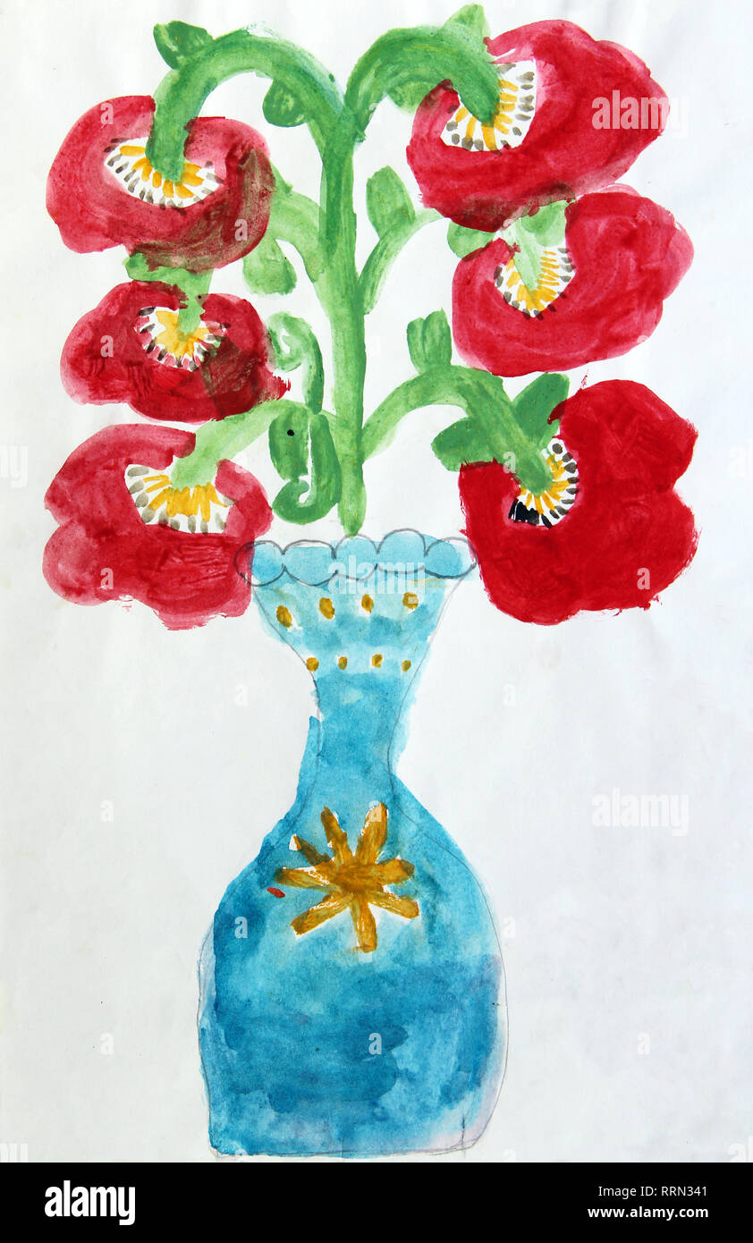 Der farbige Kinder zeichnen mit Blumenstrauß aus Mohn Blumen in Vase auf  weißem Hintergrund. Red popies in der Vase. Kindische Art noch leben, die  durch Kinderarbeit gezeichnet. Rot Stockfotografie - Alamy