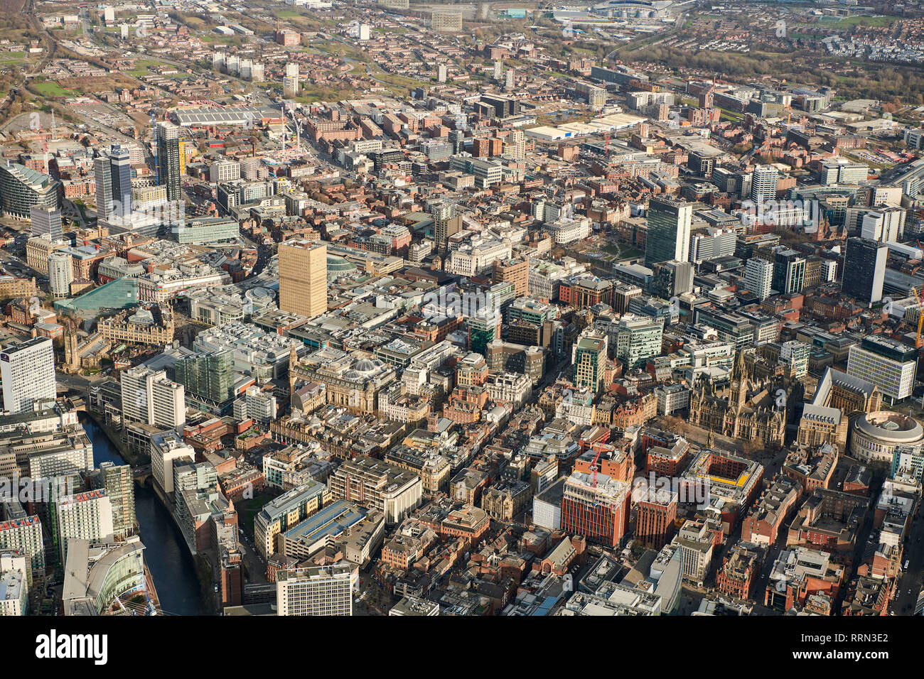 Eine Luftaufnahme von Manchester City Centre, Frühling 2018, North West England, Großbritannien Stockfoto
