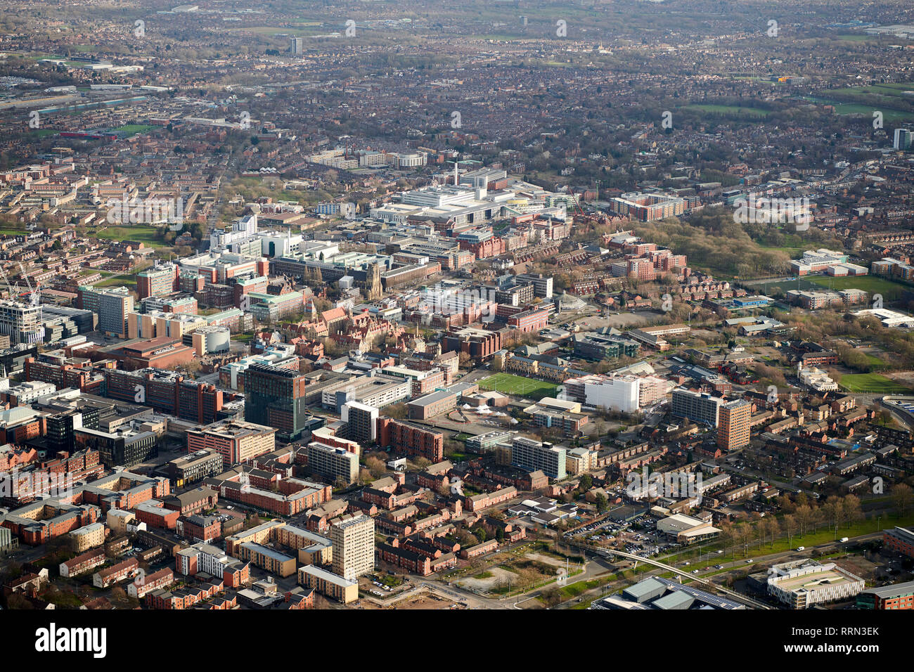 Ein Luftbild von der Universität Manchester, Frühling 2018, North West England, Großbritannien Stockfoto