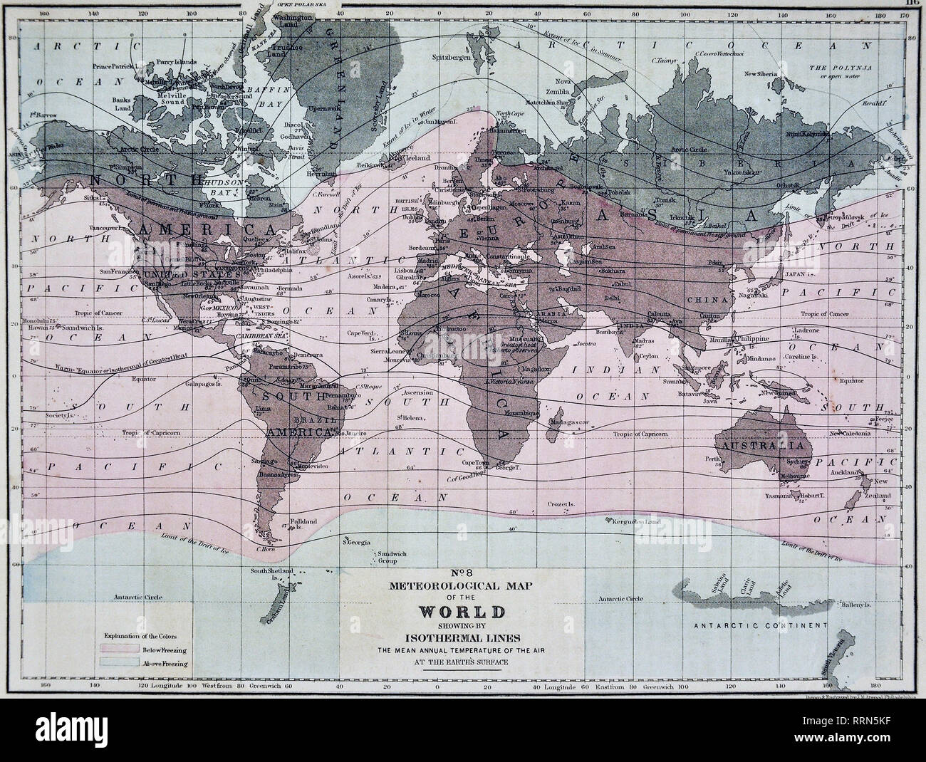 1868 Mitchell World Meteorological Karte mit Isothermen Linien der jährliche mittlere Temperatur der Luft an der Oberfläche der Erde Stockfoto