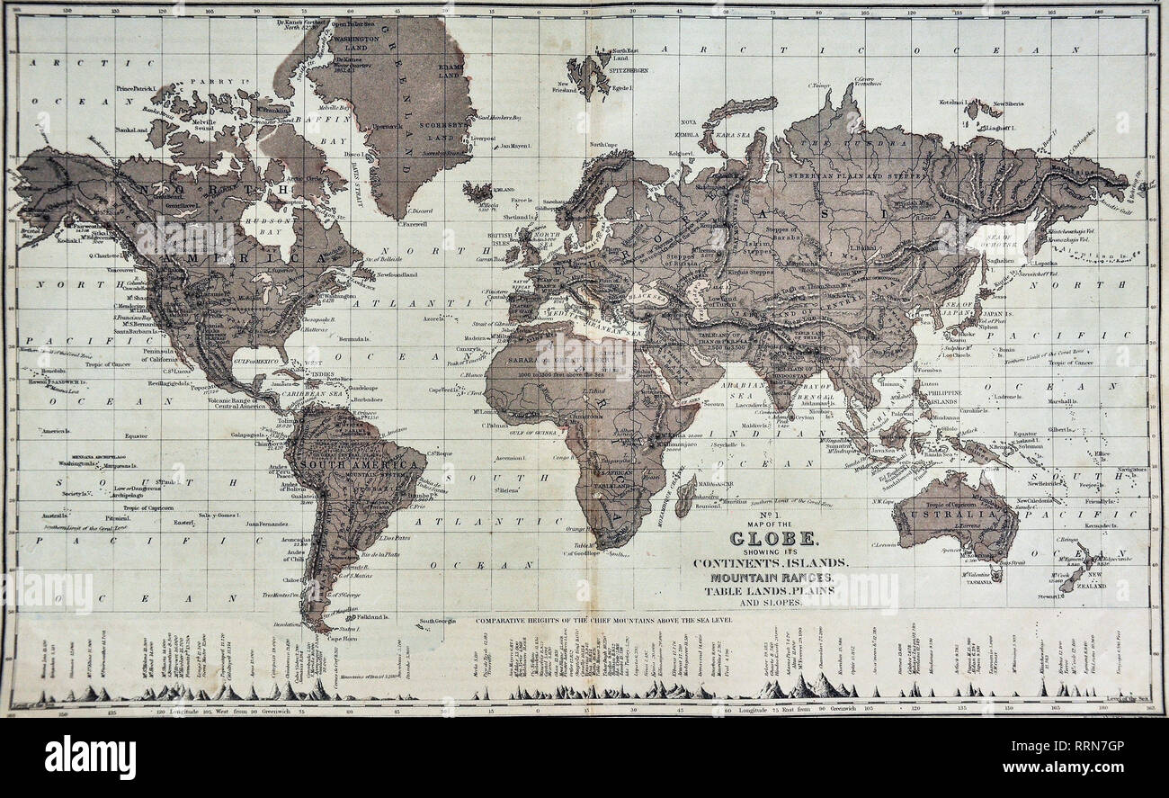 1868 Mitchell physikalische Weltkarte mit Kontinente, Inseln, Gebirge, Tisch landet, Ebenen und Pisten Stockfoto