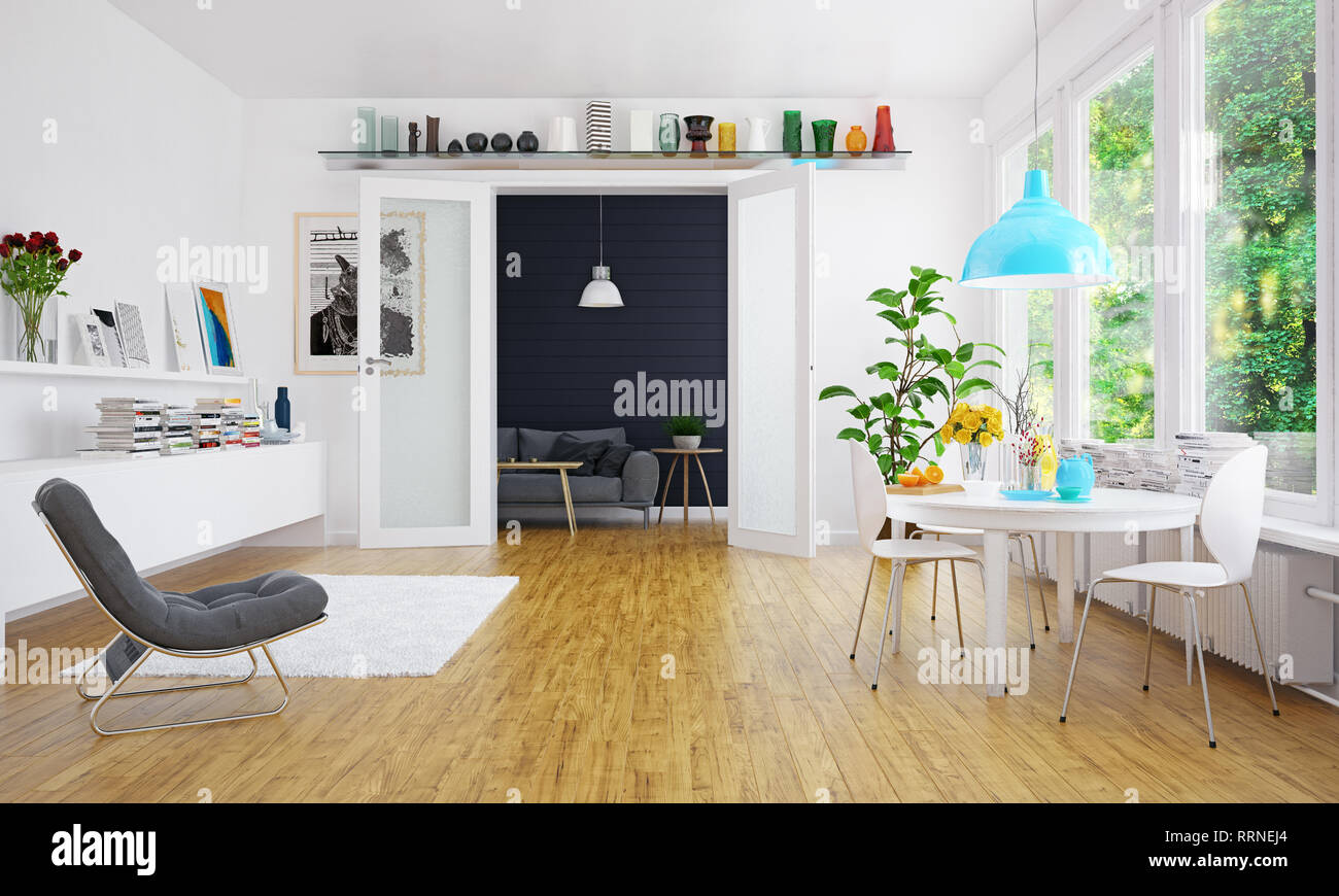 Modernen skandinavischen Wohnzimmer Design. 3d Konzept Abbildung Stockfoto