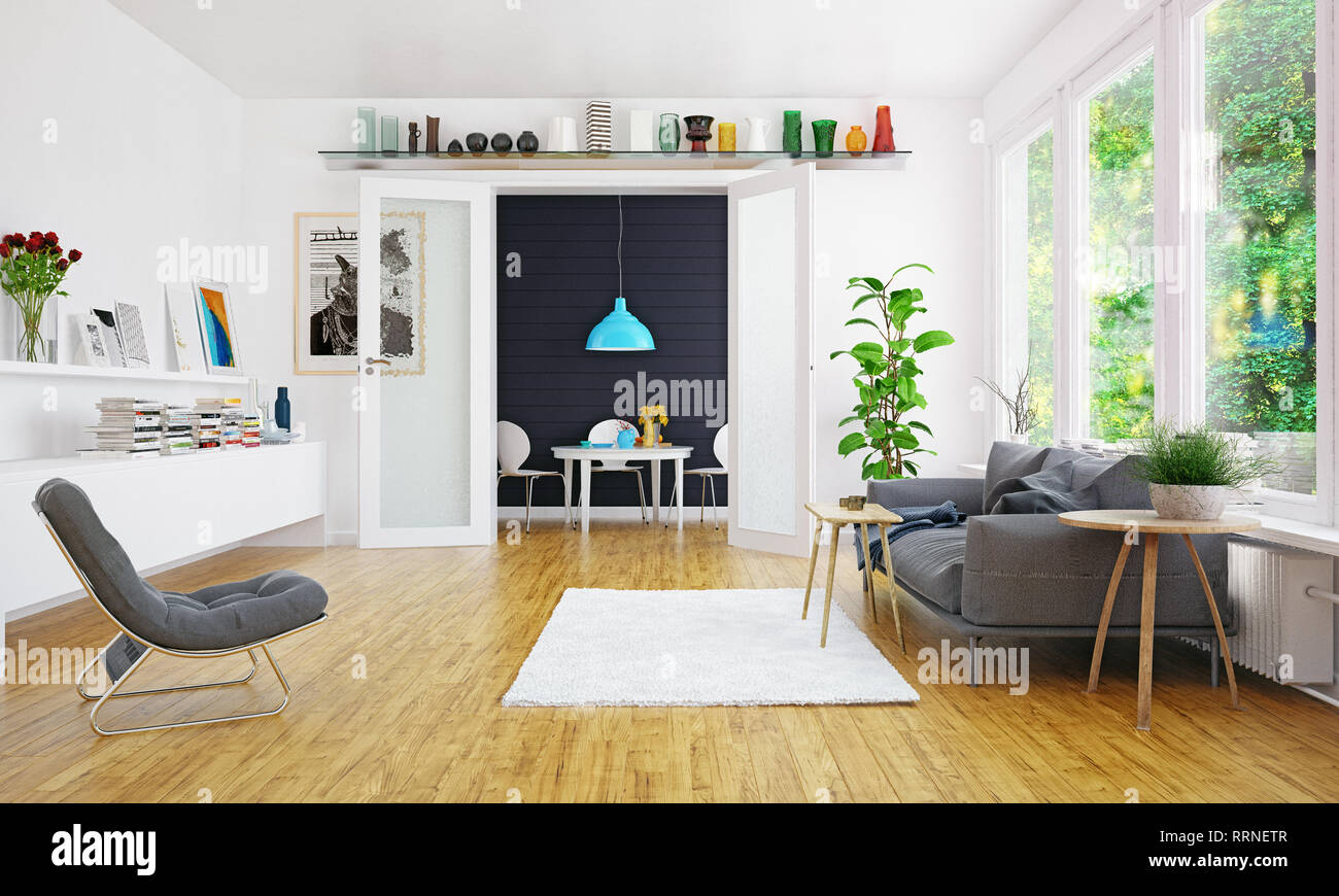 Modernen skandinavischen Wohnzimmer Design. 3d Konzept Abbildung Stockfoto