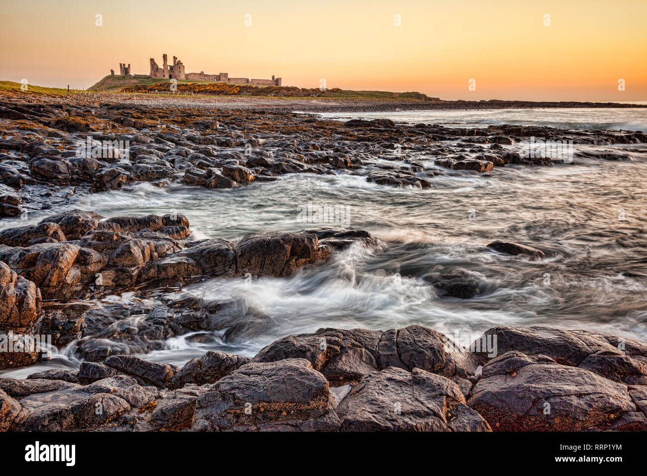 Sonnenaufgang am Dunstanburgh Castle auf der Northumberland Küste, North East England. Stockfoto