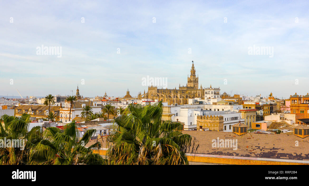 Panoramablick vom Turm Torre del Oro (Goldenen) über den Guadalquivir in Sevilla, Andalusien, Spanien. Stockfoto