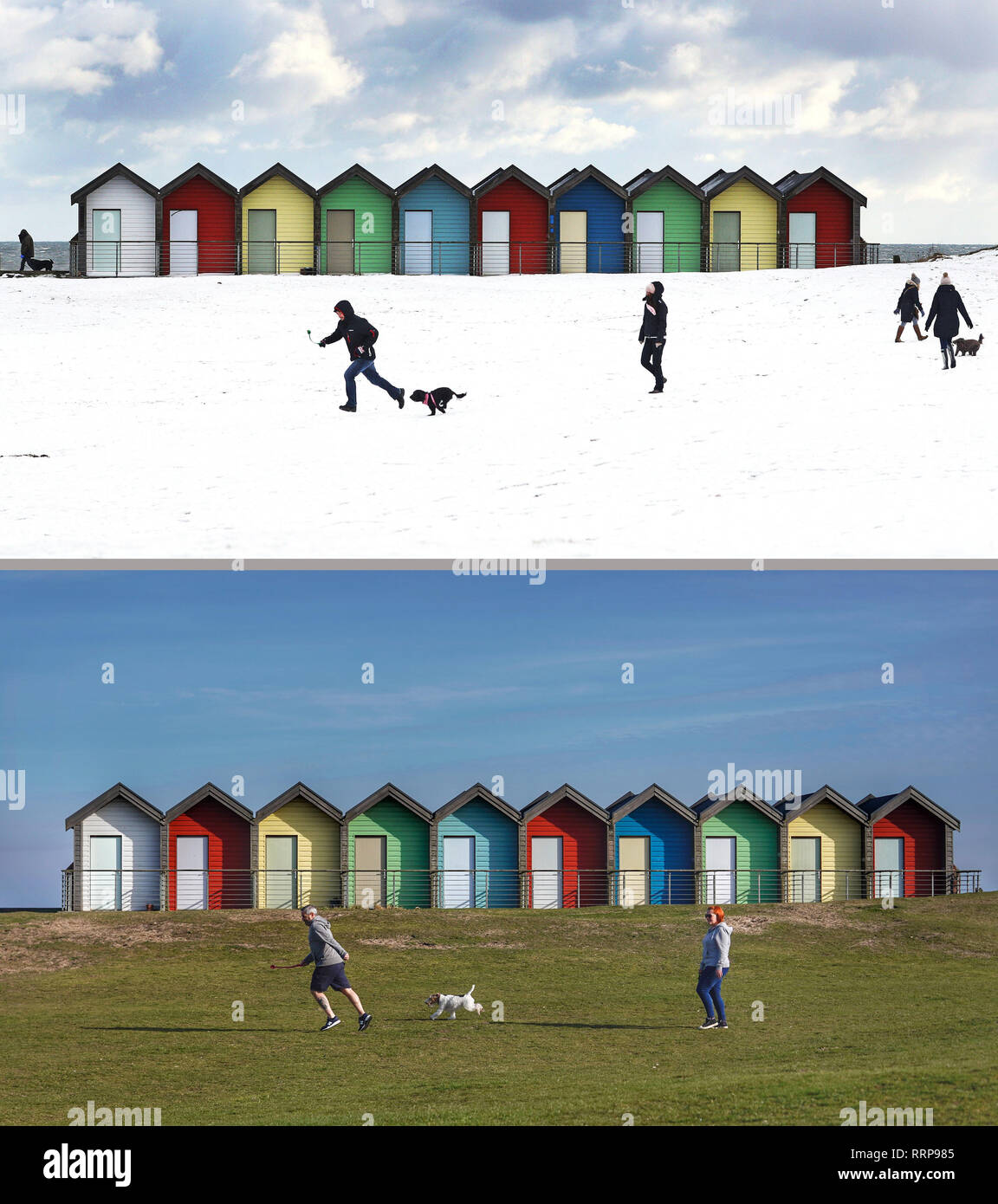 Composite Foto von Menschen ihre Hunde auf Blyth Strand in Northumberland auf 27/02/18 (oben), während das Tier aus dem Osten, und die gleiche Ansicht am 25/02/18 wie Großbritannien erfahrene rekordverdächtige Temperaturen nach Dienstag, dem wärmsten Winter Tag wurde auf Aufzeichnung. Stockfoto