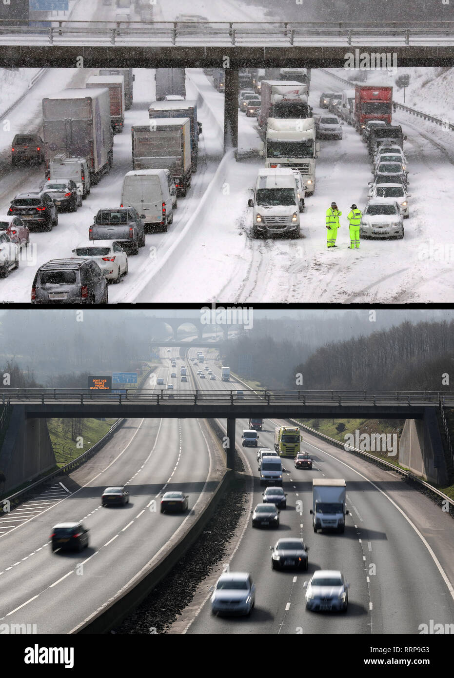 Composite Foto des Autos auf der M80 in der Nähe von Haggs in Glasgow klemmt am 28/02/18 (oben), während das Tier aus dem Osten, und die gleiche Aussicht auf 26.02.19, da Großbritannien erfahrene rekordverdächtige Temperaturen nach Dienstag, dem wärmsten Winter Tag wurde auf Aufzeichnung. Stockfoto