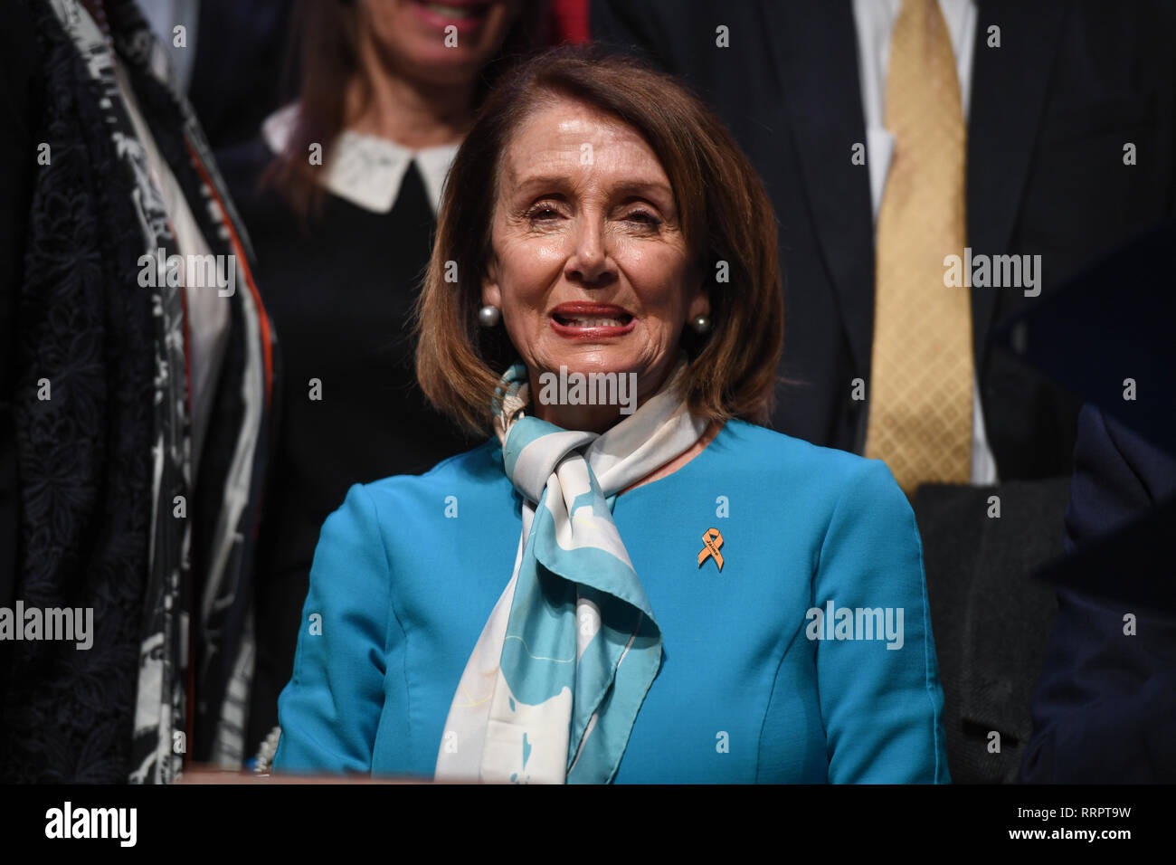 New York, USA. 25 Feb, 2019. Sprecher Nancy Pelosi Zeichen die 'rote Fahne' Rechnung in Gesetz, die am 25. Februar 2019 an John Jay College in New York. Credit: Erik Pendzich/Alamy leben Nachrichten Stockfoto