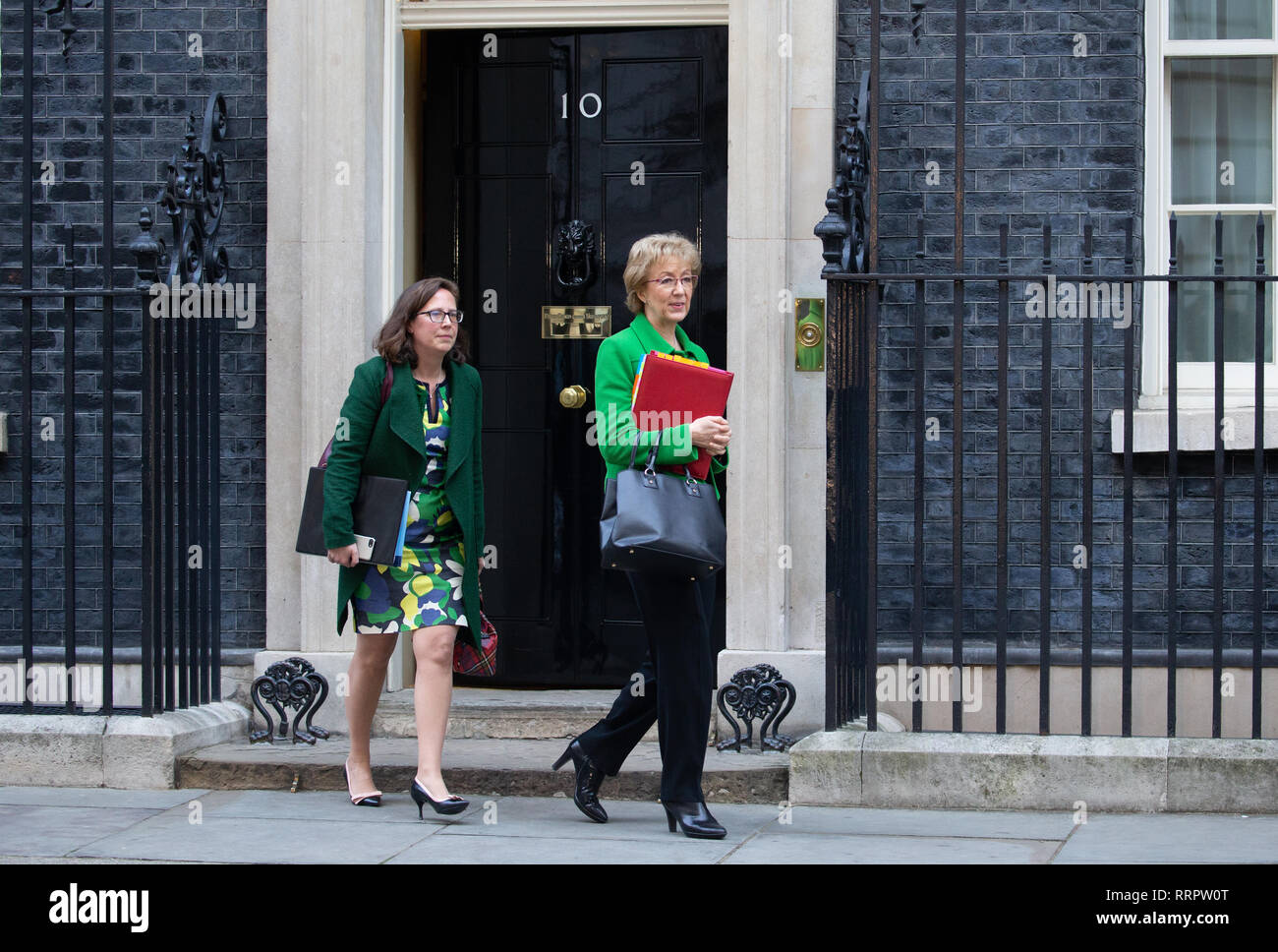 London, Großbritannien. 26 Feb, 2019. Andrea Leadsom, Führer des Unterhauses, Herr Präsident des Rates, und der Rt Hon Baroness Evans von Bowes Park, Führer des Oberhauses, Lord Privy Seal verlassen Downing Street nach der wöchentlichen Kabinettssitzung. Credit: Tommy London/Alamy leben Nachrichten Stockfoto