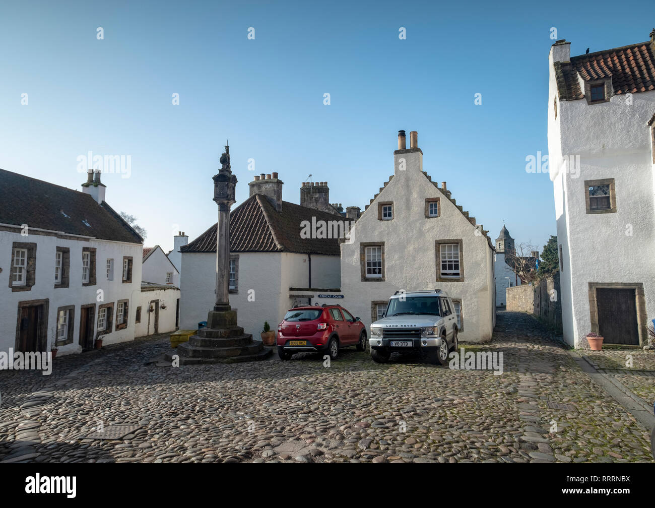 Der mercat Cross in einem historischen Dorf folgende Sehenswürdigkeiten: Culross, Fife, Schottland. Stockfoto