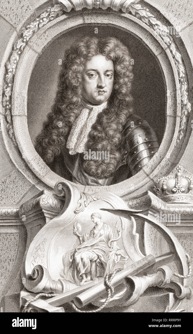Prinz Georg von Dänemark und Norwegen, Herzog von Cumberland, 1653 - 1708. Ehemann von Königin Anne von Großbritannien. Aus der Ausgabe 1813 Der Leiter der illustren Personen von Großbritannien, gestochen von Herrn Houbraken und Herr Vertue mit Ihrem Leben und Zeichen. Stockfoto