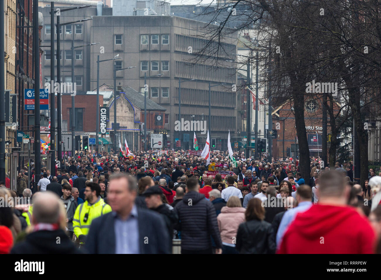 Rugby Fans vor der Six Nations Championship Match zwischen Wales und England im Fürstentum Stadium in Cardiff am 23. Februar Rd. Stockfoto