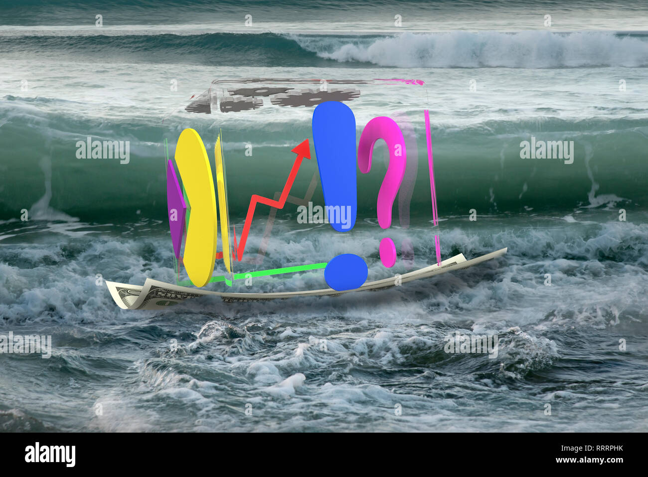 3D Glas transparenten Würfel von Business Diagramme auf Geld Boot im Ozean mit entgegenkommenden Wave Stockfoto