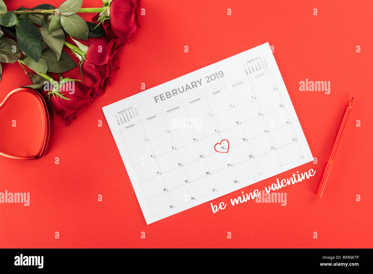 Blick von oben auf die Rosen und Kalender mit 14. Februar Datum mit Herz auf Rot isoliert gekennzeichnet, st Valentines Tag Konzept mit "Meine Valentine' Schriftzug. Stockfoto