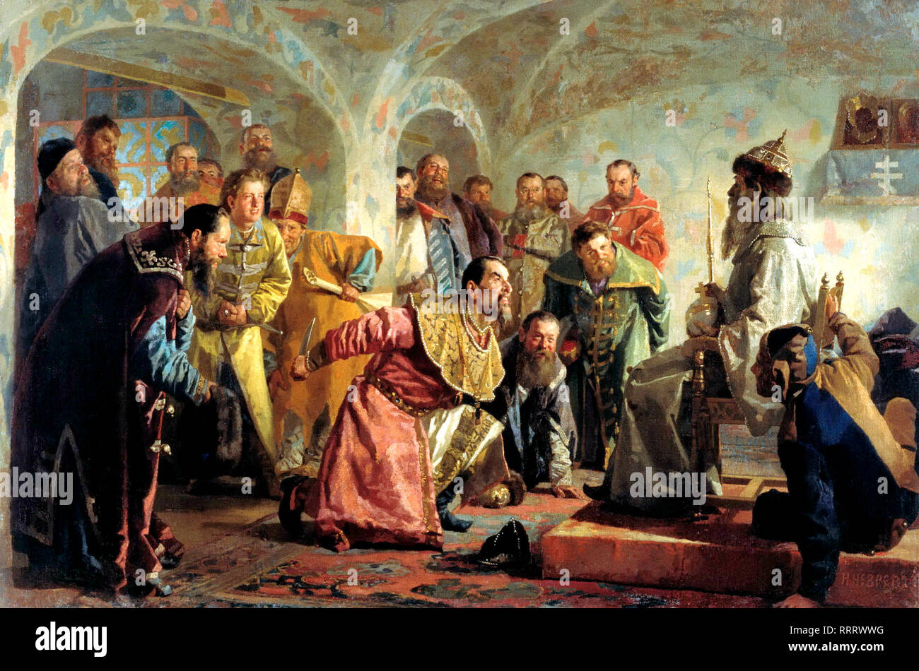 Der Oprichniki von Nikolai Nevrev. Das Bild zeigt die letzten Minuten von boyarin Feodorov, wegen Landesverrats verhaftet. Die mock seine angebliche Ambitionen auf den Titel des Zaren, der Edelmann war Tsar's Regalia vor der Ausführung gegeben. Stockfoto