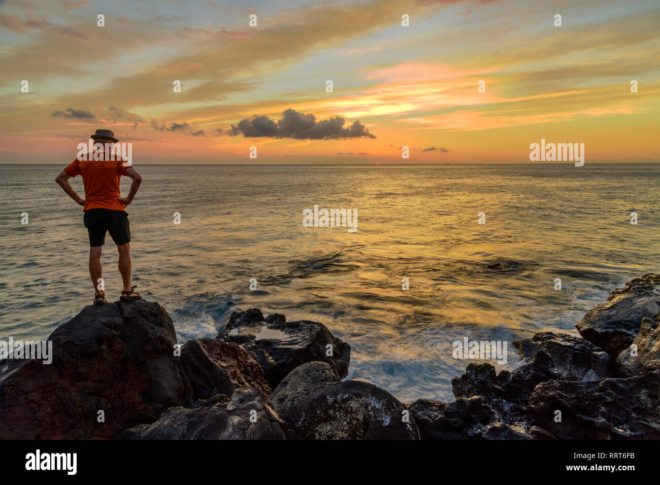 South Pacific, USA, Hawaii, Hawaii, Insel, Big Island, Kohala Küste bei Sonnenuntergang HERR Stockfoto