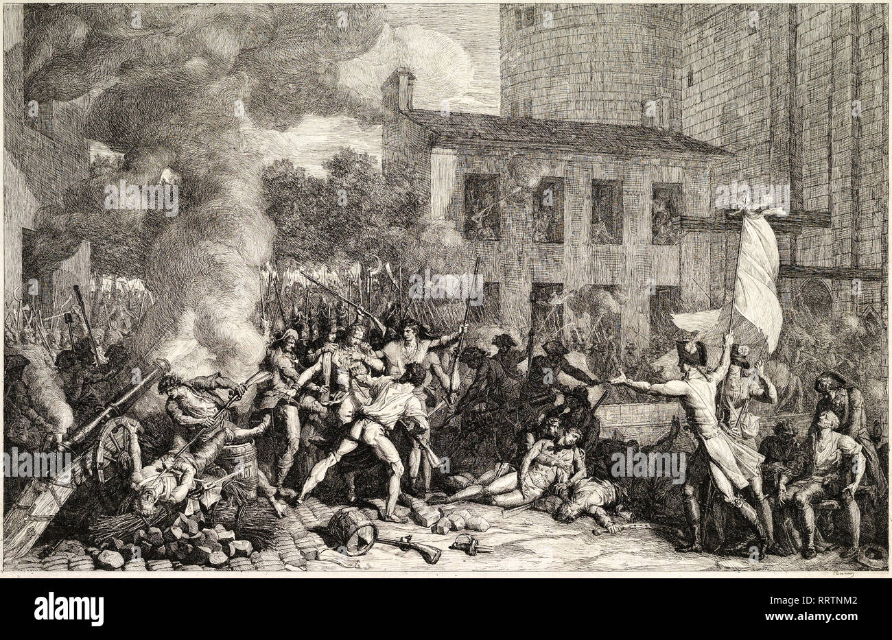 Charles Thevenin, der Sturm auf die Bastille am 14. Juli 1789, Radierung um 1793, französischer Revolutionsdruck Stockfoto