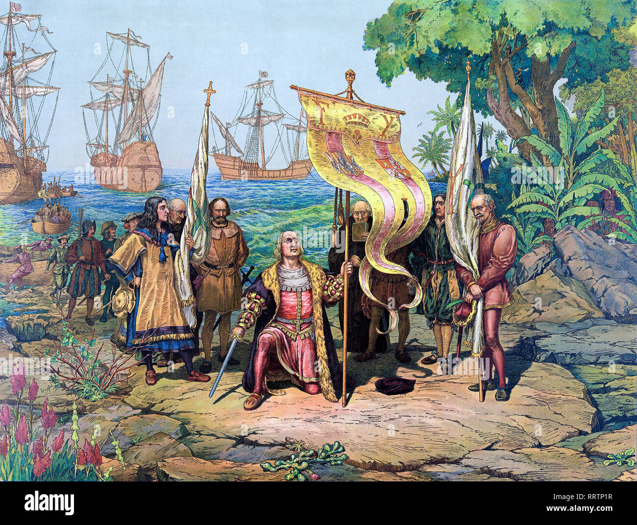 Christoper Columbus kommt in Nordamerika, Prang & Co., Boston, 1893, farbige Zeichnung, Drucken Stockfoto
