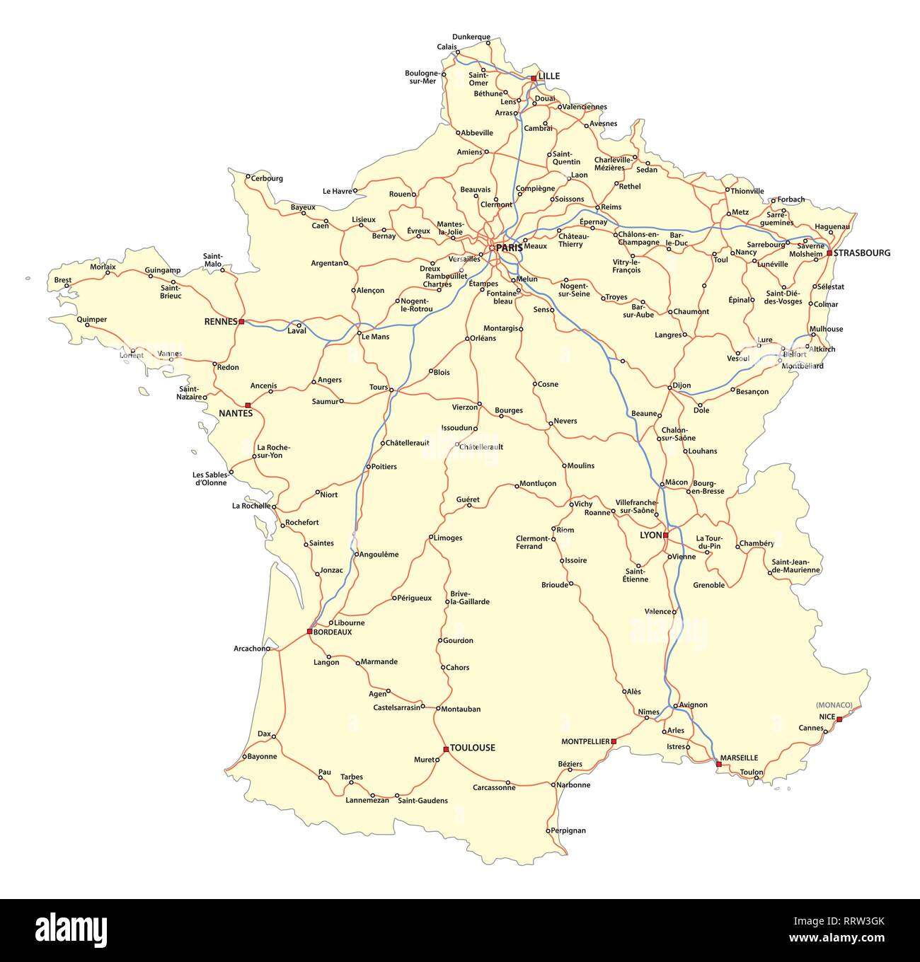 Karte der wichtigsten Straßen der französischen Eisenbahnnetz Stock Vektor
