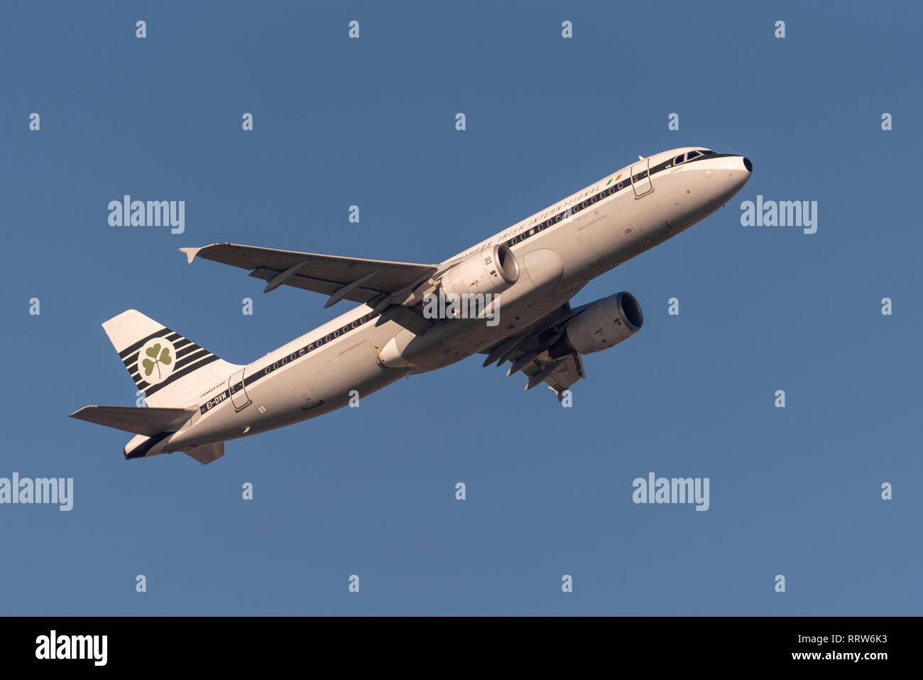 Aer Lingus Irish International Airbus A320 EI-DVM retro Regelung Jet Airliner Flugzeug vom Flughafen London Heathrow, UK. Airline im Flug Stockfoto