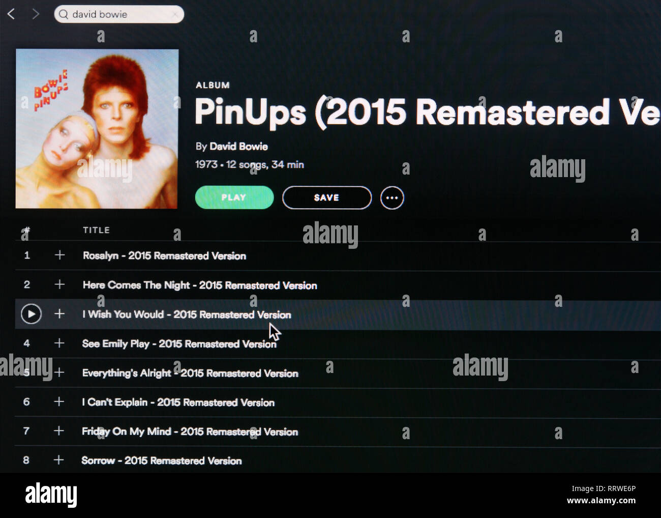 David Bowie album Pinups Spotify Seite Stockfoto